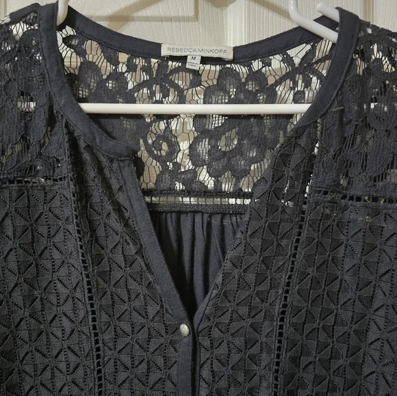 Rebecca Minkoff Lace Front Button Top, Sheer 3/4 Sleeves, Soft Knit Back, EUC! - Picture 5 of 12